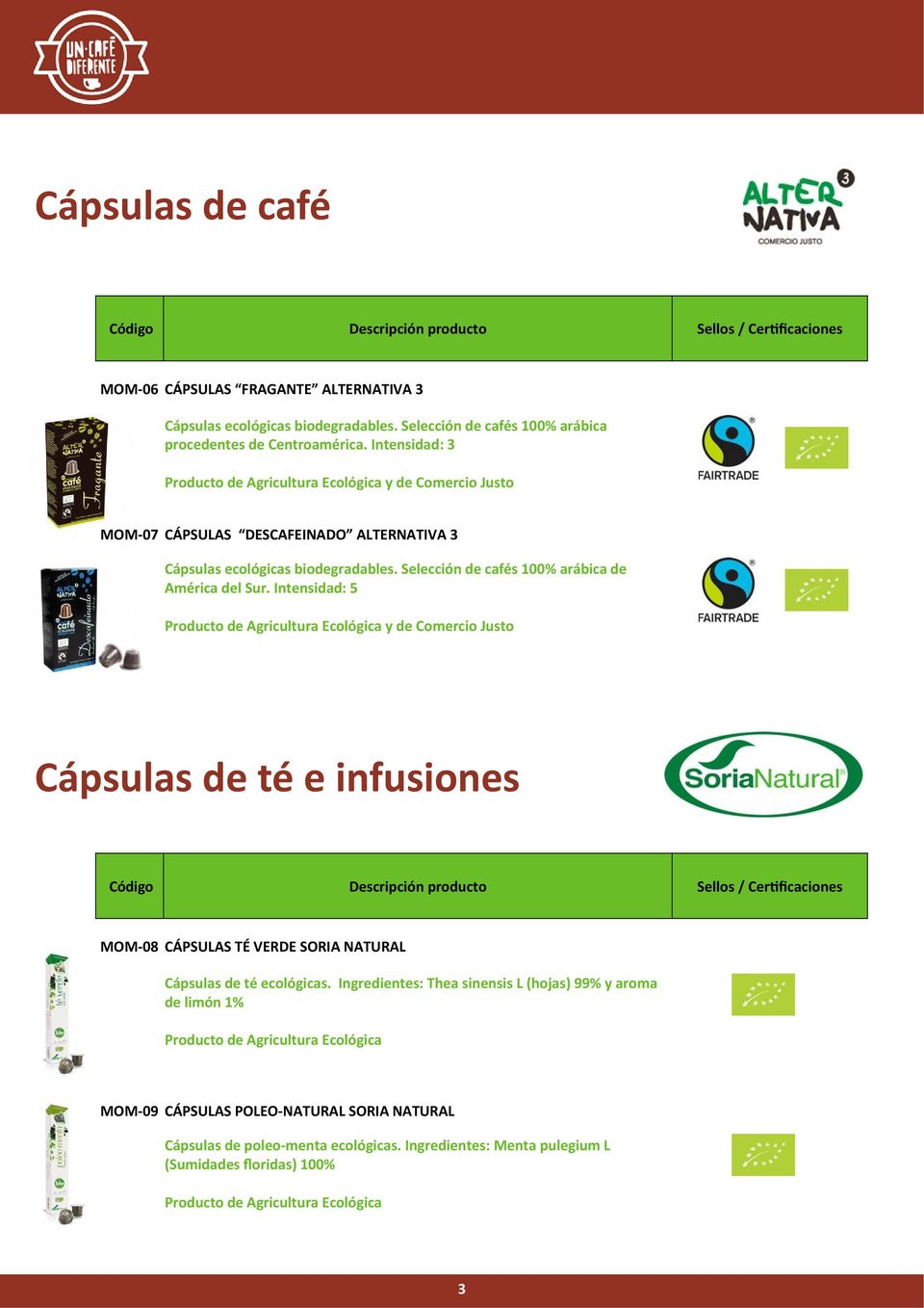 Intensidad: 3 MOM 07 CÁPSULAS DESCAFEINADO ALTERNATIVA 3 Cápsulas ecológicas biodegradables. Selección de cafés 100% arábica de América del Sur.