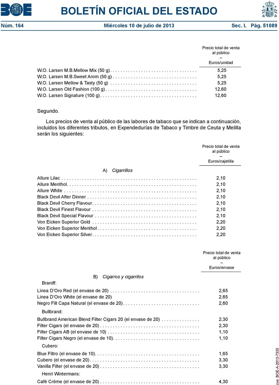 Los precios de venta de las labores de tabaco que se indican a continuación, incluidos los diferentes tributos, en Expendedurías de Tabaco y Timbre de Ceuta y Melilla serán los siguientes: A)