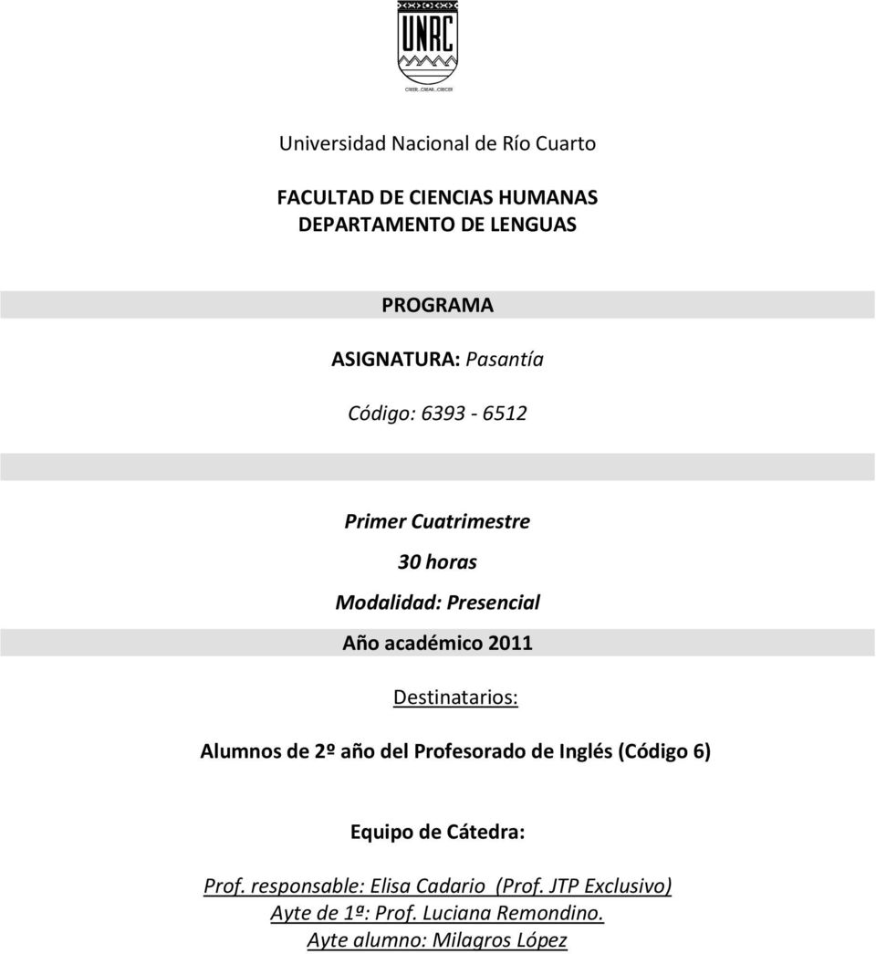 2011 Destinatarios: Alumnos de 2º año del Profesorado de Inglés (Código 6) Equipo de Cátedra: Prof.