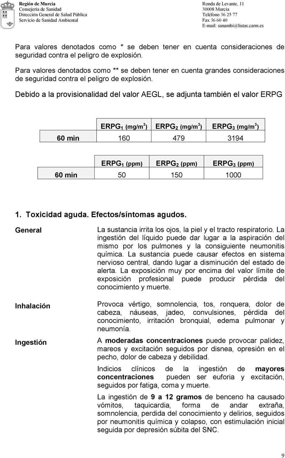 Debido a la provisionalidad del valor AEGL, se adjunta también el valor ERPG ERPG 1 (mg/m 3 ) ERPG 2 (mg/m 3 ) ERPG 3 (mg/m 3 ) 60 min 160 479 3194 ERPG 1 (ppm) ERPG 2 (ppm) ERPG 3 (ppm) 60 min 50