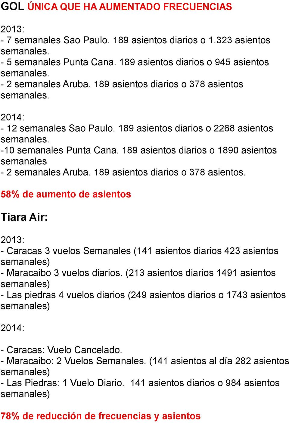 189 asientos diarios o 378 asientos. 58% de aumento de asientos Tiara Air: - Caracas 3 vuelos Semanales (141 asientos diarios 423 asientos - Maracaibo 3 vuelos diarios.
