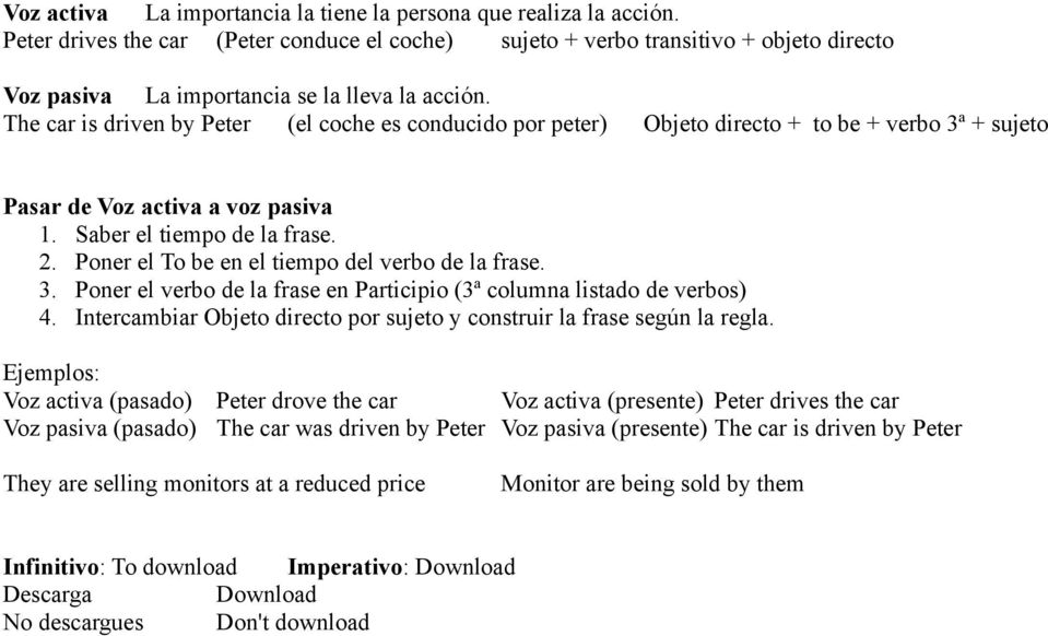 The car is driven by Peter (el coche es conducido por peter) Objeto directo + to be + verbo 3ª + sujeto Pasar de Voz activa a voz pasiva 1. Saber el tiempo de la frase. 2.