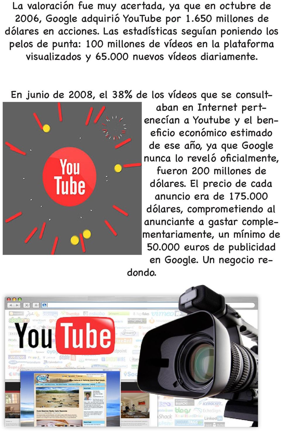 En junio de 2008, el 38% de los vídeos que se consultaban en Internet pertenecían a Youtube y el beneficio económico estimado de ese año, ya que Google nunca lo