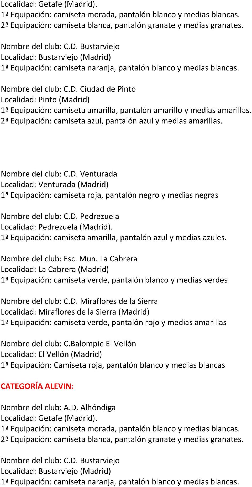 Venturada Localidad: Venturada (Madrid) 1ª Equipación: camiseta roja, pantalón negro y medias negras Nombre del club: C.D. Pedrezuela Localidad: Pedrezuela (Madrid).