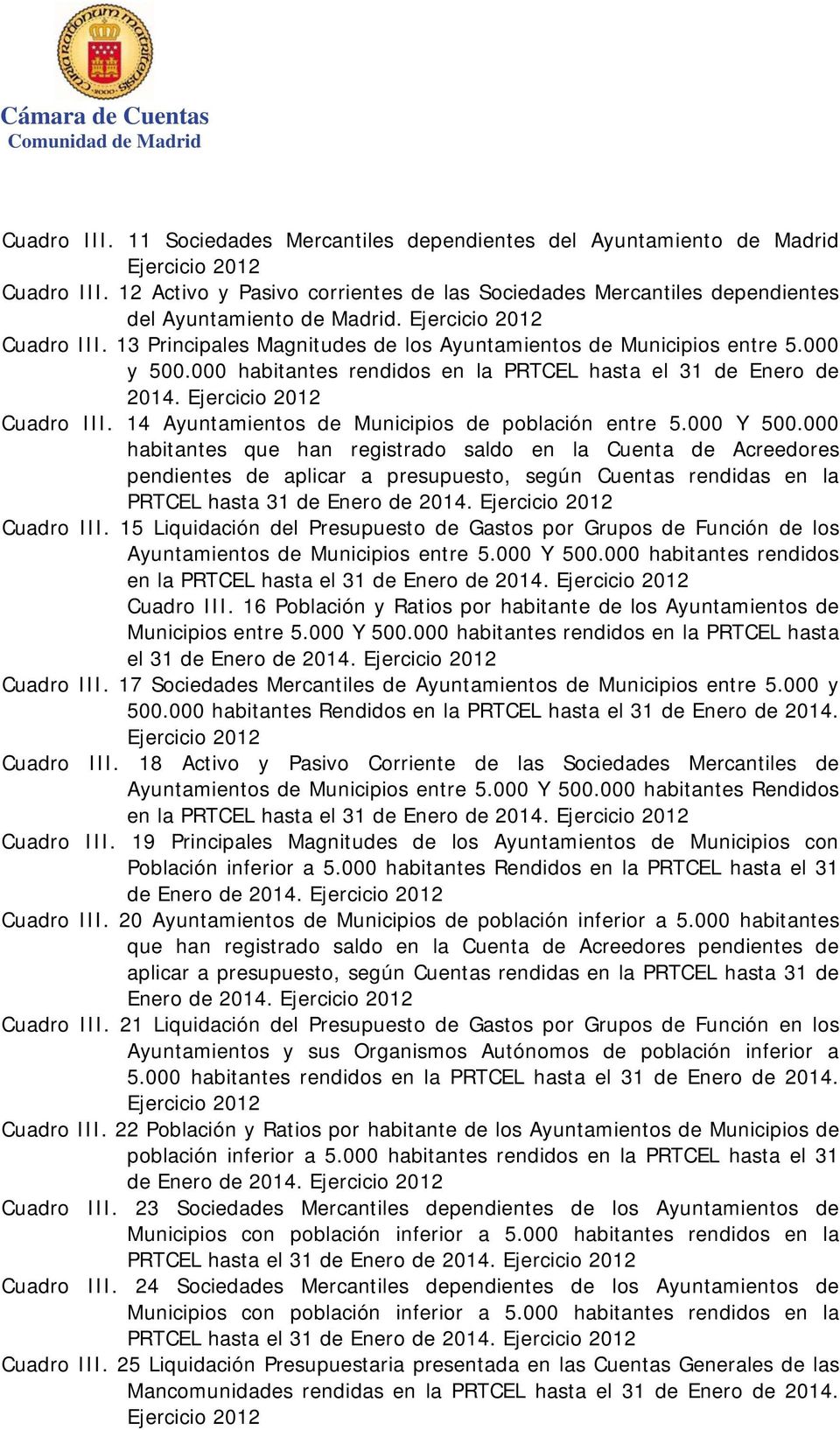 000 y 500.000 habitantes rendidos en la PRTCEL hasta el 31 de Enero de 2014. Ejercicio 2012 Cuadro III. 14 Ayuntamientos de Municipios de población entre 5.000 Y 500.