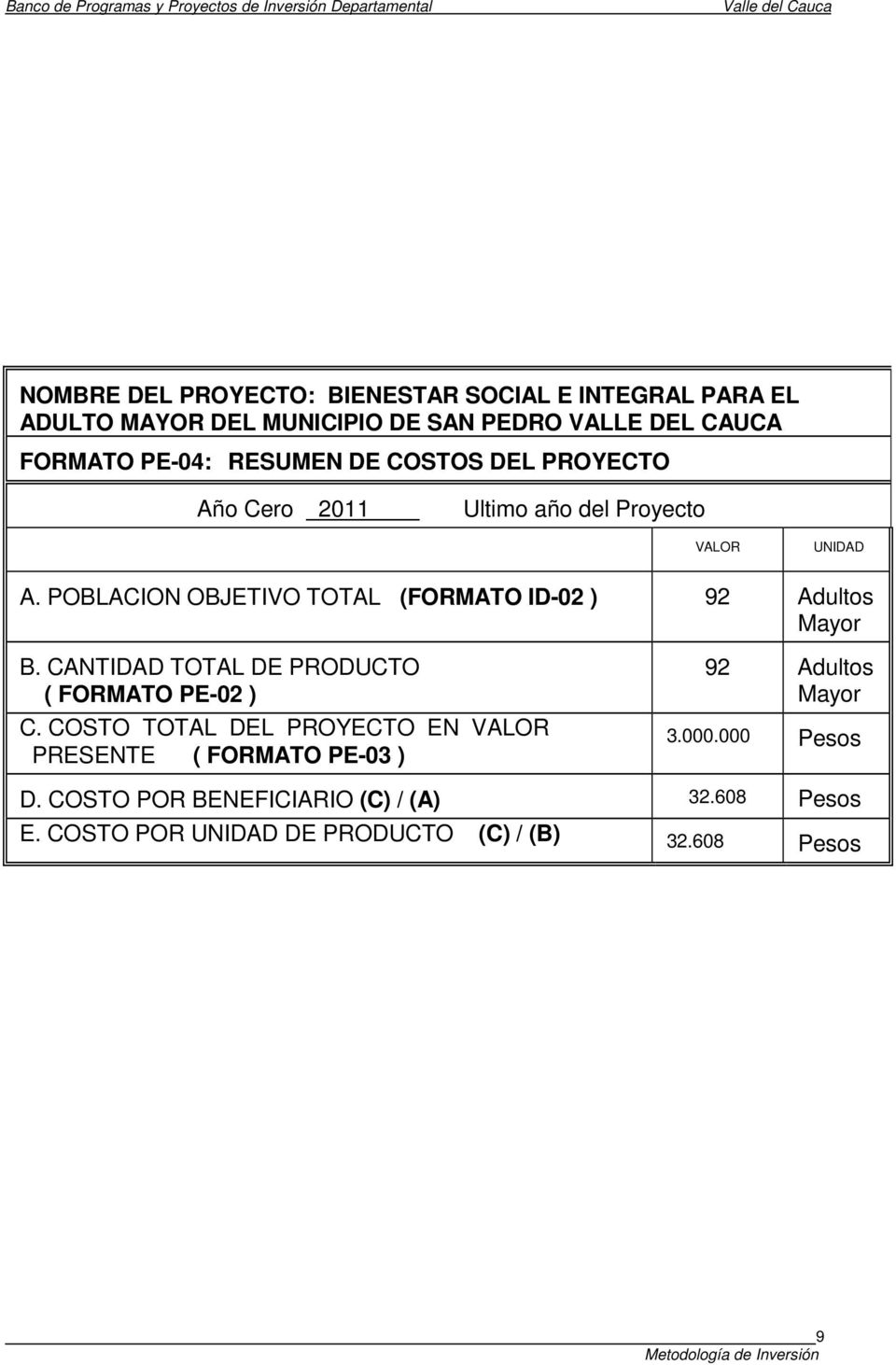 CANTIDAD TOTAL DE PRODUCTO ( FORMATO PE-02 ) C.