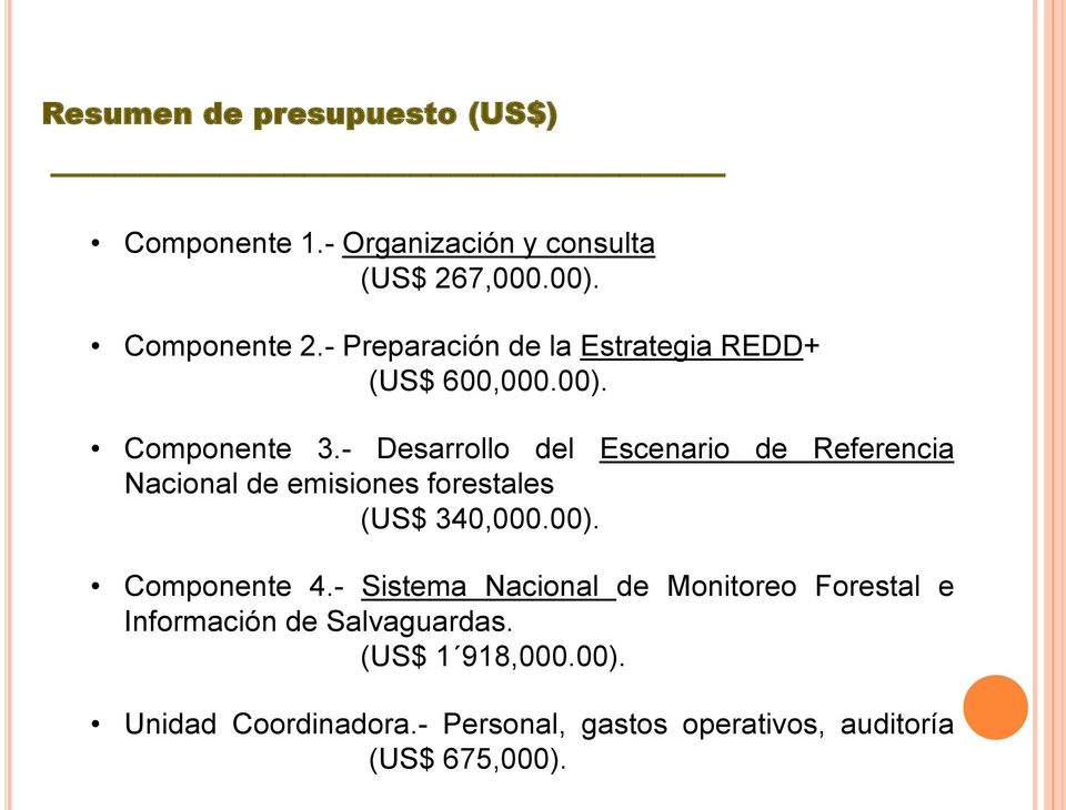 - Desarrollo del Escenario de Referencia Nacional de emisiones forestales (US$ 340,000.00). Componente 4.