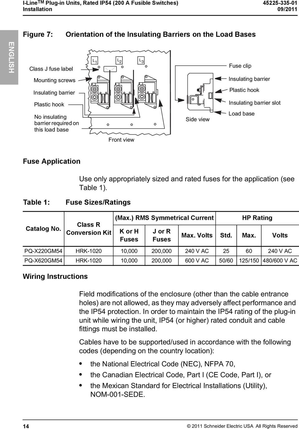 Fuse Application Use only appropriately sized and rated fuses for the application (see Table 1). Table 1: Fuse Sizes/Ratings Catalog No. Wiring Instructions Class R Conversion Kit (Max.