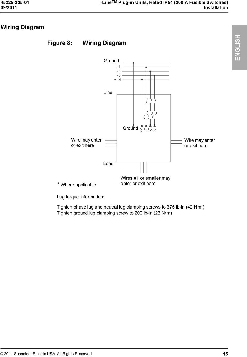 Wires #1 or smaller may enter or exit here Lug torque information: Tighten phase lug and neutral lug clamping screws to