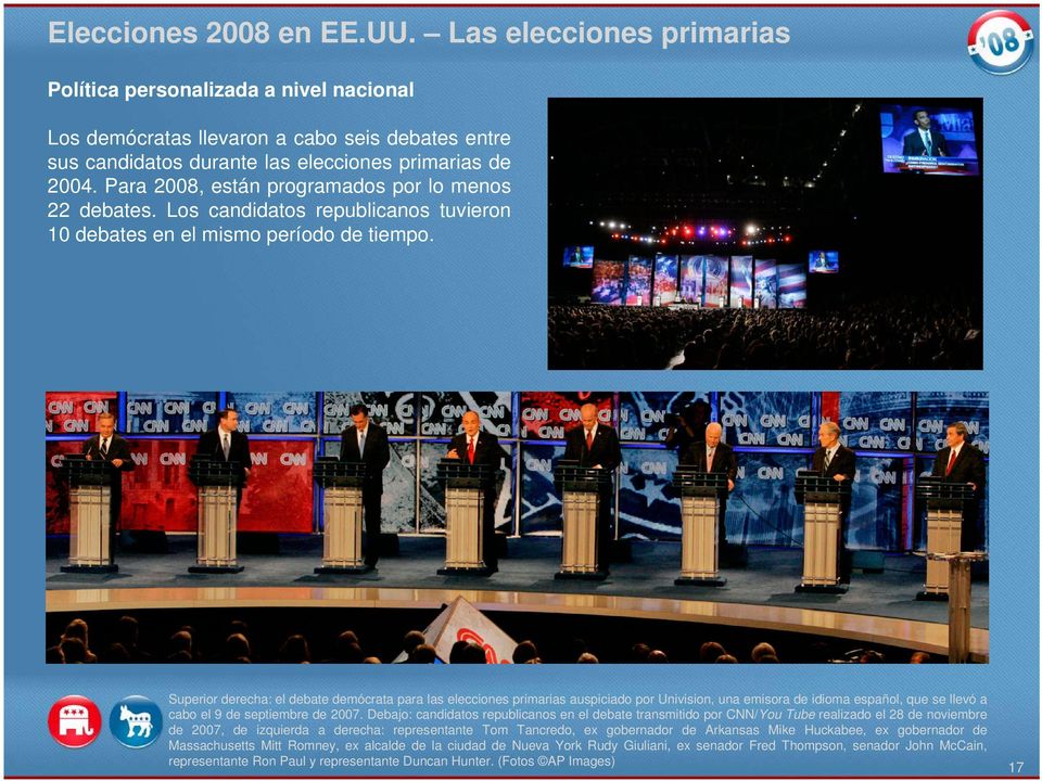 Superior derecha: el debate demócrata para las elecciones primarias auspiciado por Univision, una emisora de idioma español, que se llevó a cabo el 9 de septiembre de 2007.