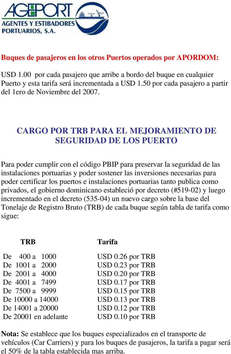 CARGO POR TRB PARA EL MEJORAMIENTO DE SEGURIDAD DE LOS PUERTO Para poder cumplir con el código PBIP para preservar la seguridad de las instalaciones portuarias y poder sostener las inversiones