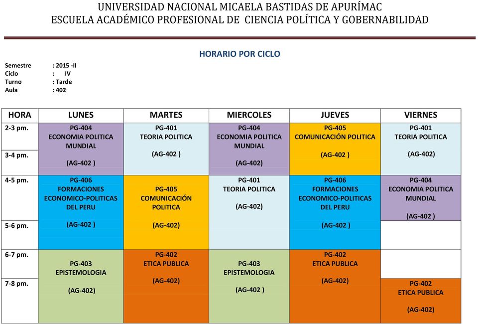 PG-406 FORMACIONES ECONOMICO-POLITICAS DEL PERU 5-6 pm.