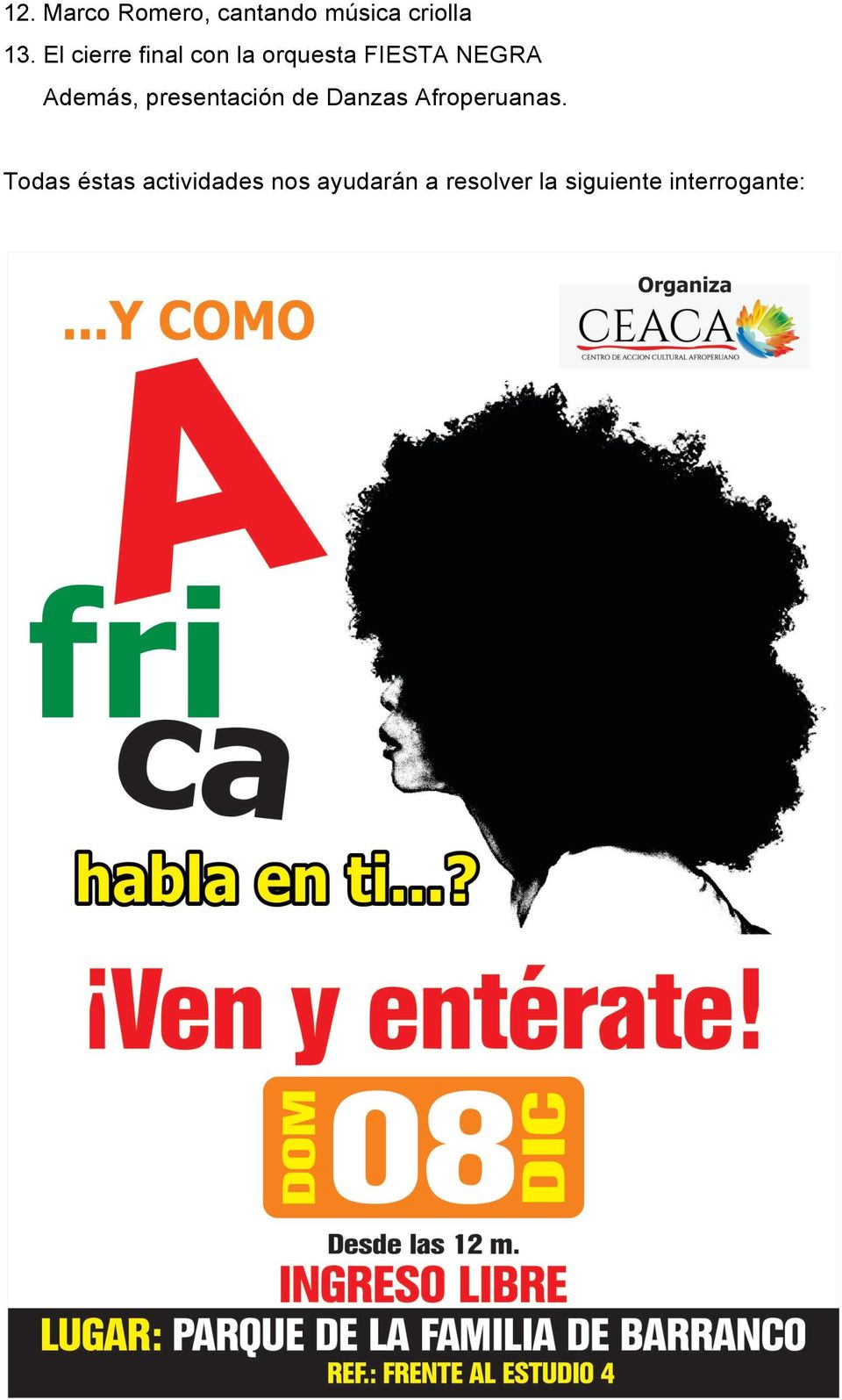 presentación de Danzas Afroperuanas.