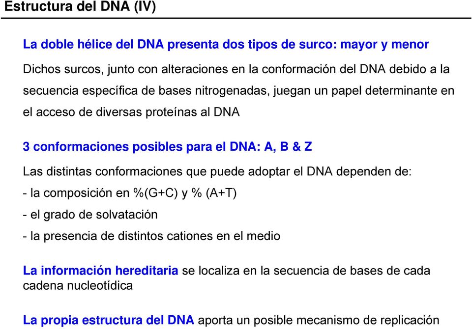 distintas conformaciones que puede adoptar el DNA dependen de: - la composición en %(G+C) y % (A+T) - el grado de solvatación - la presencia de distintos cationes en el