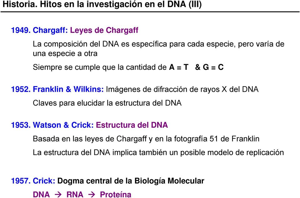 cantidad de A = T & G = C 1952. Franklin & Wilkins: Imágenes de difracción de rayos X del DNA Claves para elucidar la estructura del DNA 1953.