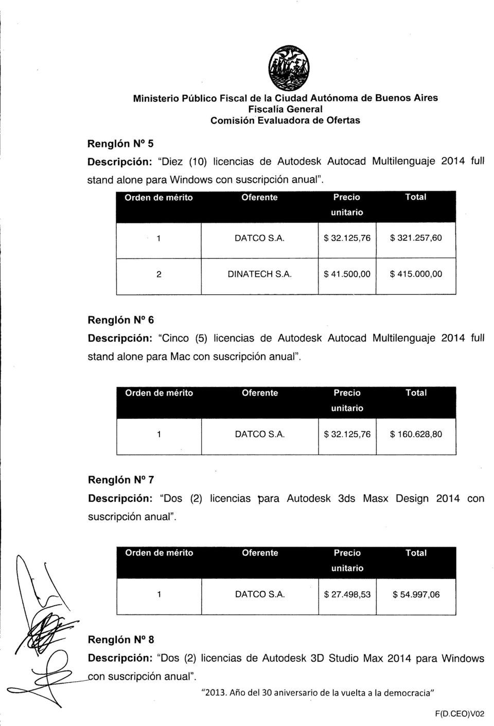 000,00 Renglón N 6 Descripción: "Cinco (5) licencias de Autodesk Autocad Multilenguaje 2014 full stand alone para Mac con suscripción anual". DATCO S.A. $ 32.125,76 $ 160.