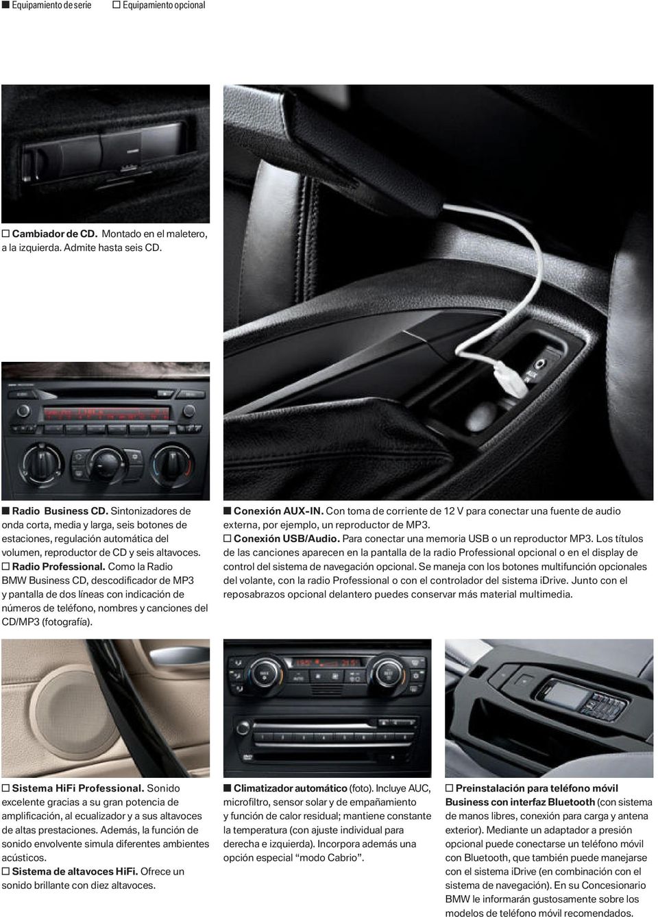 Como la Radio BMW Business CD, descodificador de MP3 y pantalla de dos líneas con indicación de números de teléfono, nombres y canciones del CD/MP3 (fotografía). s Conexión AUX-IN.