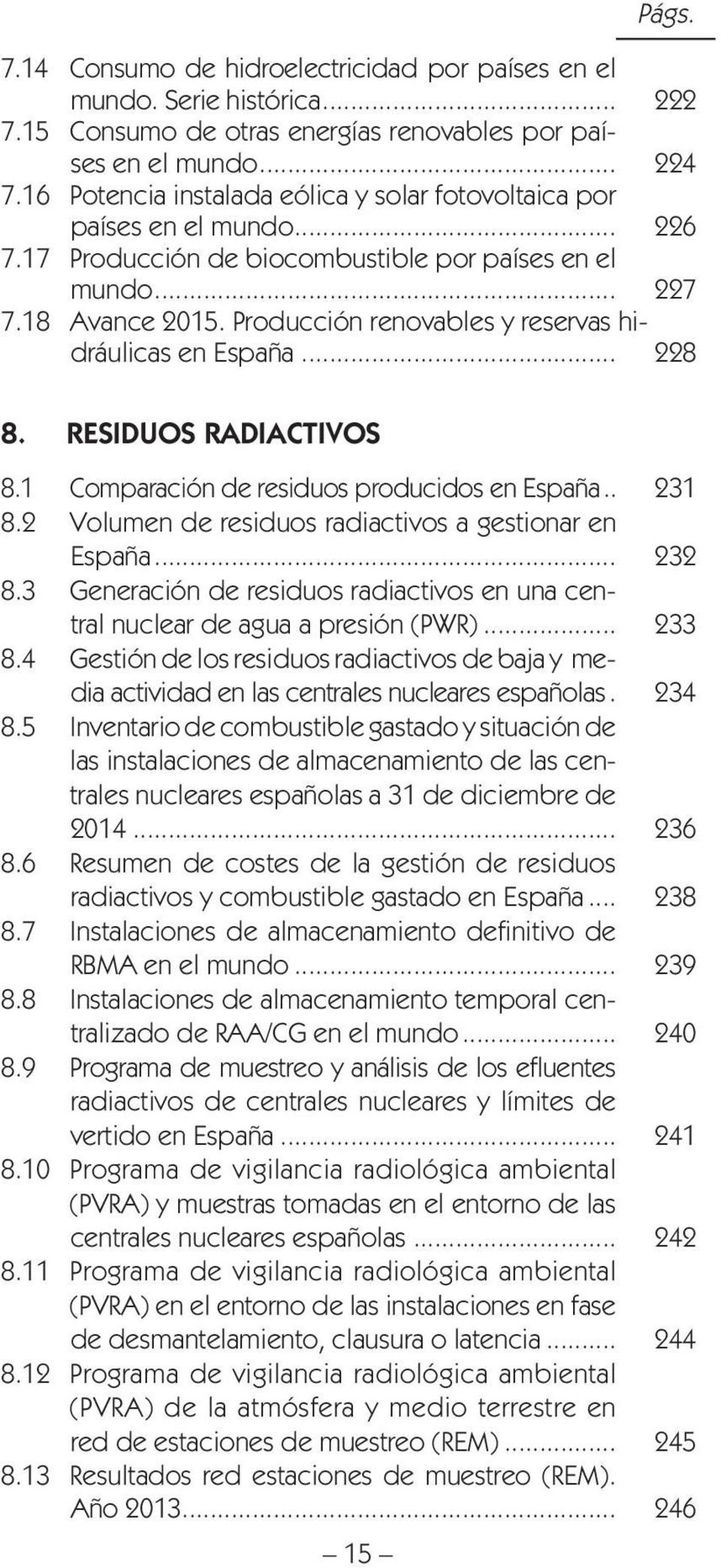 Producción renovables y reservas hidráulicas en España... 228 8. RESIDUOS RADIACTIVOS 8.1 Comparación de residuos producidos en España.. 231 8.2 Volumen de residuos radiactivos a gestionar en España.