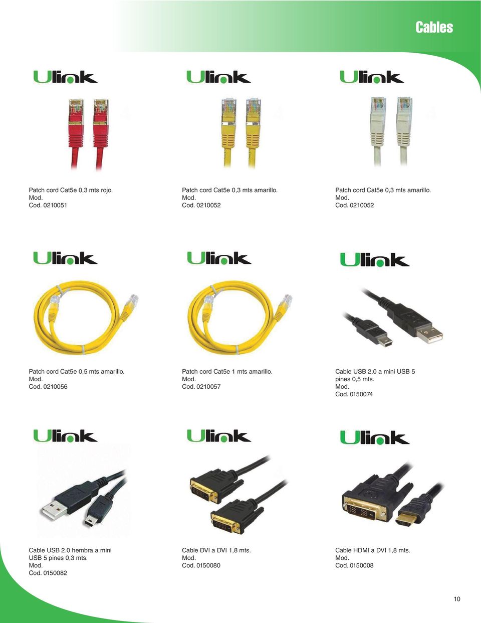 0 a mini USB 5 pines 0,5 mts. Cod. 0150074 Cable USB 2.0 hembra a mini USB 5 pines 0,3 mts. Cod. 0150082 Cable DVI a DVI 1,8 mts.