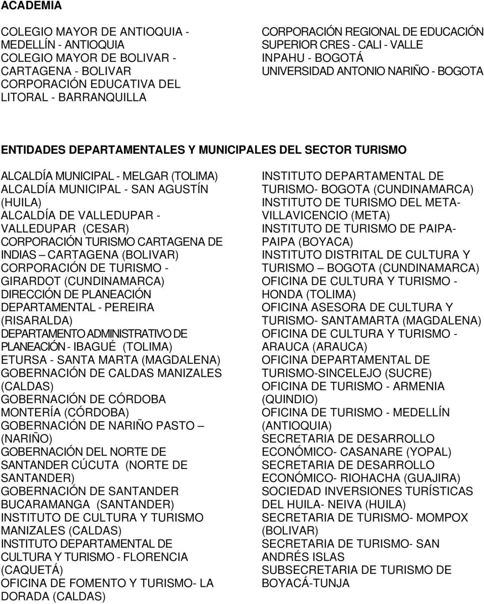 AGUSTÍN (HUILA) ALCALDÍA DE VALLEDUPAR - VALLEDUPAR (CESAR) CORPORACIÓN TURISMO CARTAGENA DE INDIAS CARTAGENA (BOLIVAR) CORPORACIÓN DE TURISMO - GIRARDOT (CUNDINAMARCA) DIRECCIÓN DE PLANEACIÓN