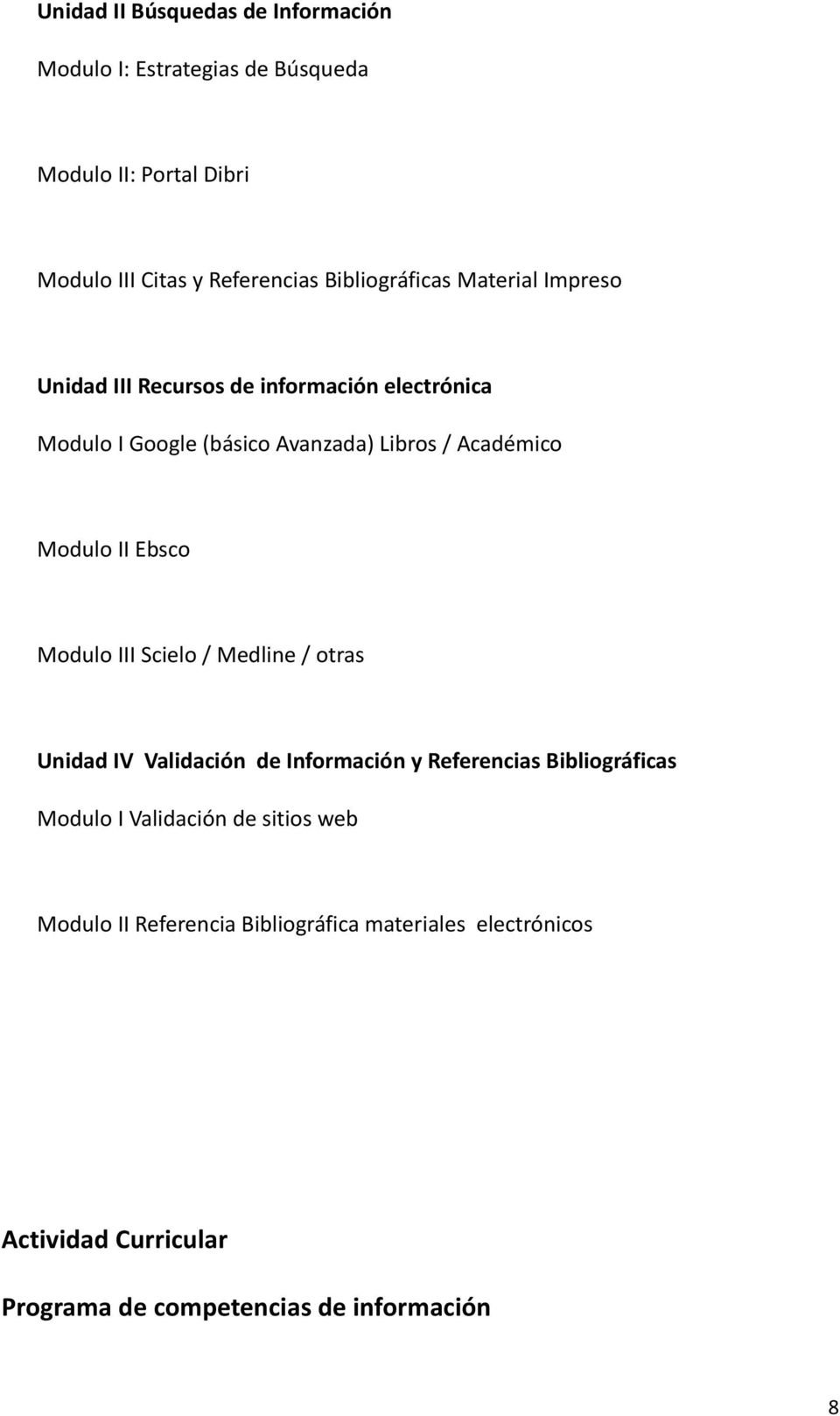 Modulo II Ebsco Modulo III Scielo / Medline / otras Unidad IV Validación de Información y Referencias Bibliográficas Modulo I