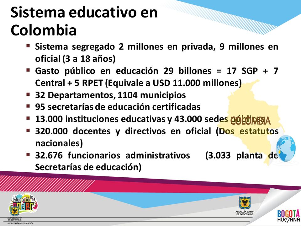 000 millones) 32 Departamentos, 1104 municipios 95 secretaríasdeeducación certificadas 13.