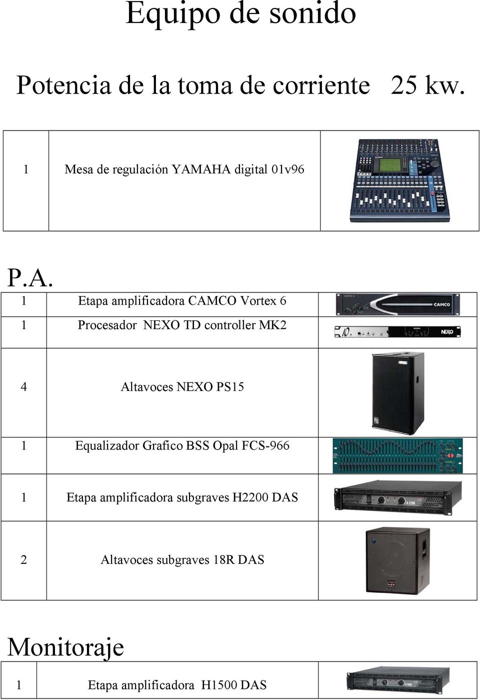 AHA digital 01v96 P.A. 1 Etapa amplificadora CAMCO Vortex 6 1 Procesador NEXO TD