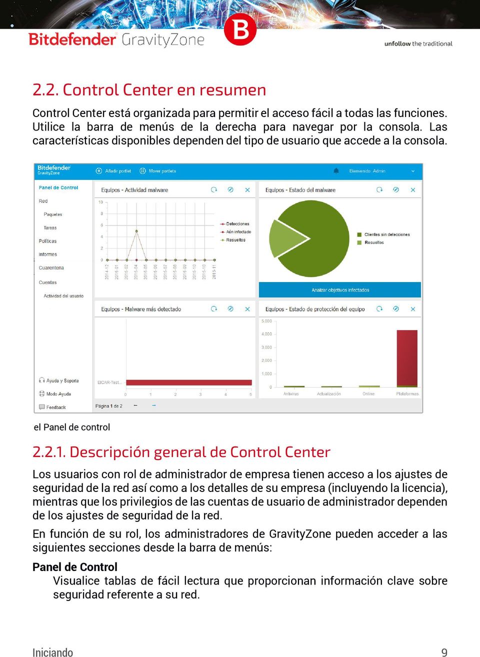 Descripción general de Control Center Los usuarios con rol de administrador de empresa tienen acceso a los ajustes de seguridad de la red así como a los detalles de su empresa (incluyendo la