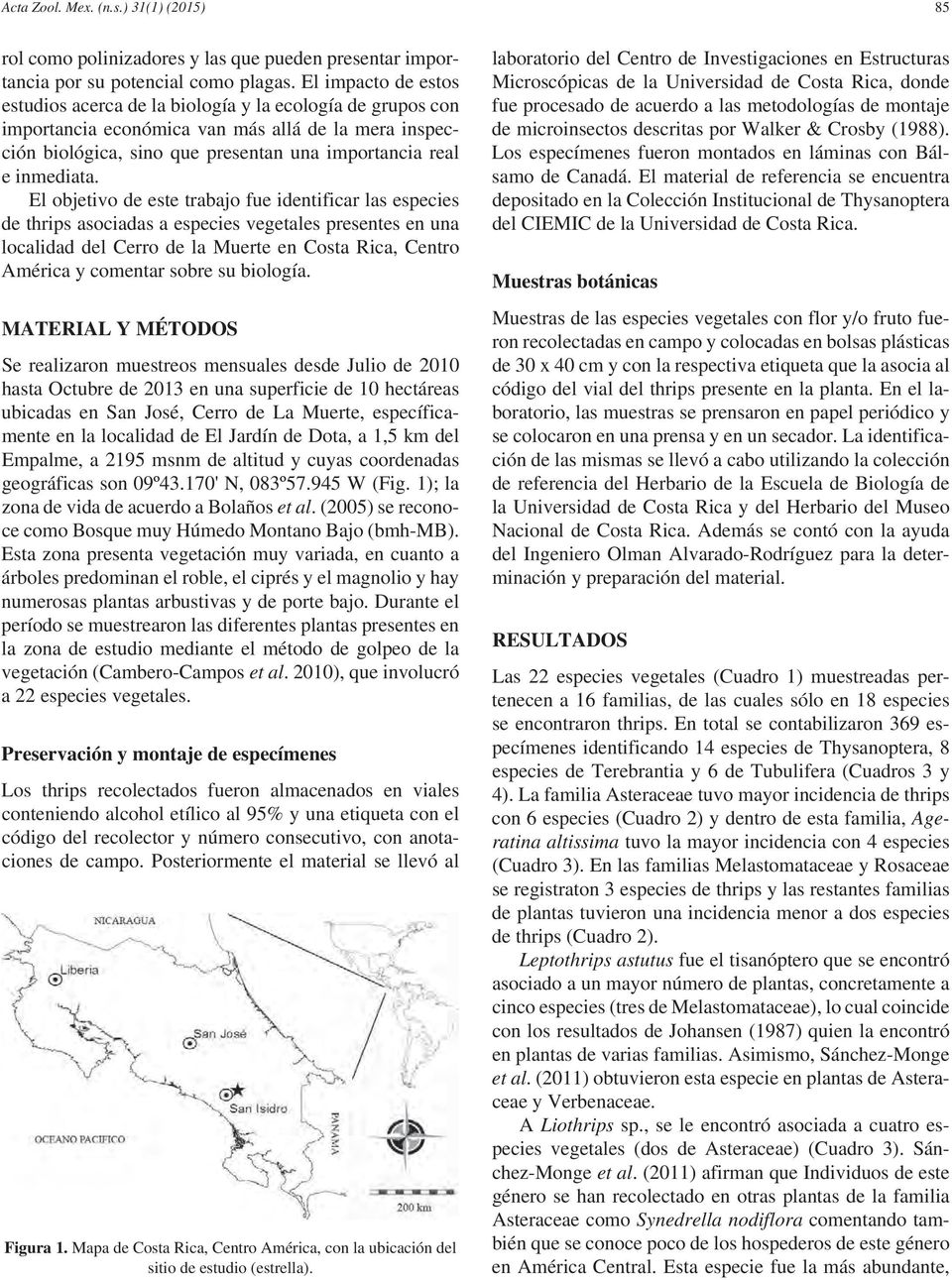 El objetivo de este trabajo fue identificar las especies de thrips asociadas a especies vegetales presentes en una localidad del Cerro de la Muerte en Costa Rica, Centro América y comentar sobre su