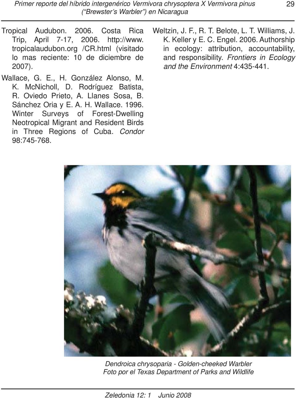 Sánchez Oria y E. A. H. Wallace. 1996. Winter Surveys of Forest-Dwelling Neotropical Migrant and Resident Birds in Three Regions of Cuba. Condor 98:745-768. Weltzin, J. F., R. T. Belote, L. T. Williams, J.