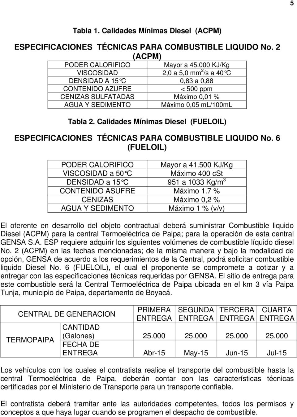 Calidades Mínimas Diesel (FUELOIL) ESPECIFICACIONES TÉCNICAS PARA COMBUSTIBLE LIQUIDO No. 6 (FUELOIL) PODER CALORIFICO Mayor a 41.