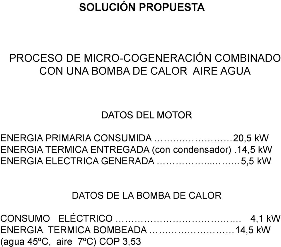 20,5 kw ENERGIA TERMICA ENTREGADA (con condensador).14,5 kw ENERGIA ELECTRICA GENERADA.