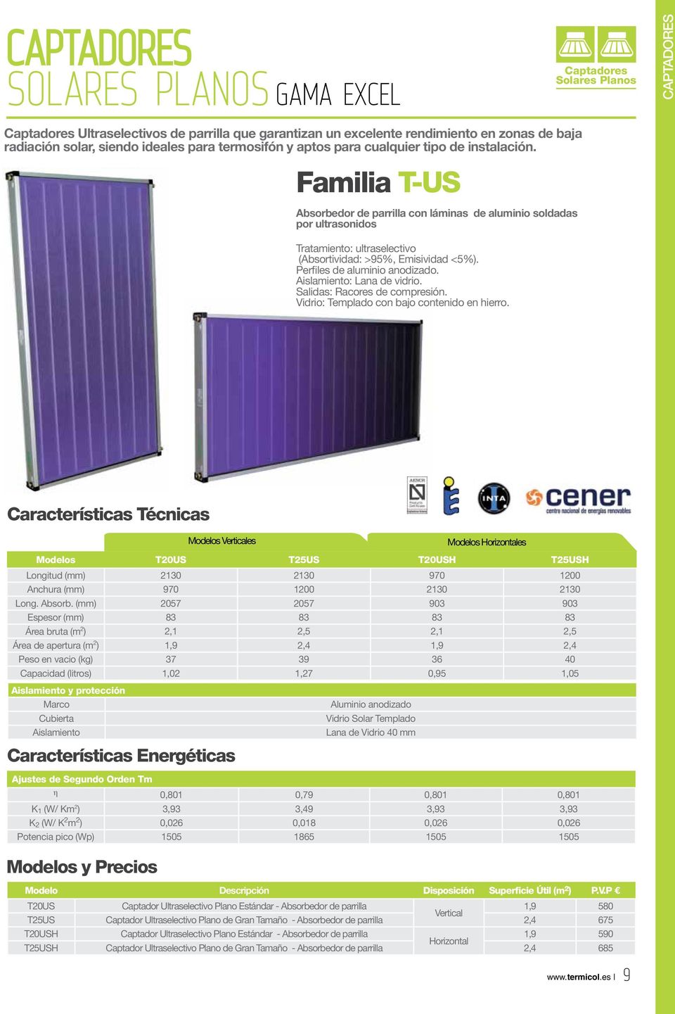 Familia T-US Absorbedor de parrilla con láminas de aluminio soldadas por ultrasonidos Tratamiento: ultraselectivo (Absortividad: >95%, Emisividad <5%). Perfiles de aluminio anodizado.