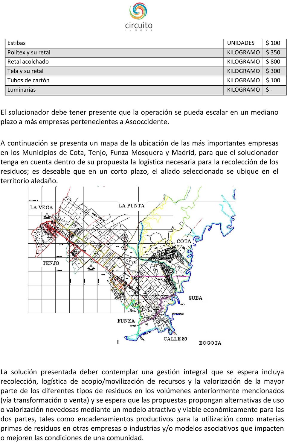 A continuación se presenta un mapa de la ubicación de las más importantes empresas en los Municipios de Cota, Tenjo, Funza Mosquera y Madrid, para que el solucionador tenga en cuenta dentro de su