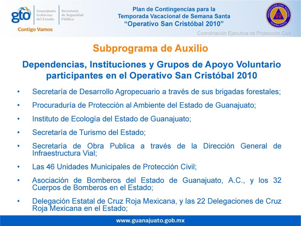 Operativo San Cristóbal 2010 Secretaría de Obra Publica a través de la Dirección General de Infraestructura Vial; Las 46 Unidades Municipales de Protección Civil; Asociación de