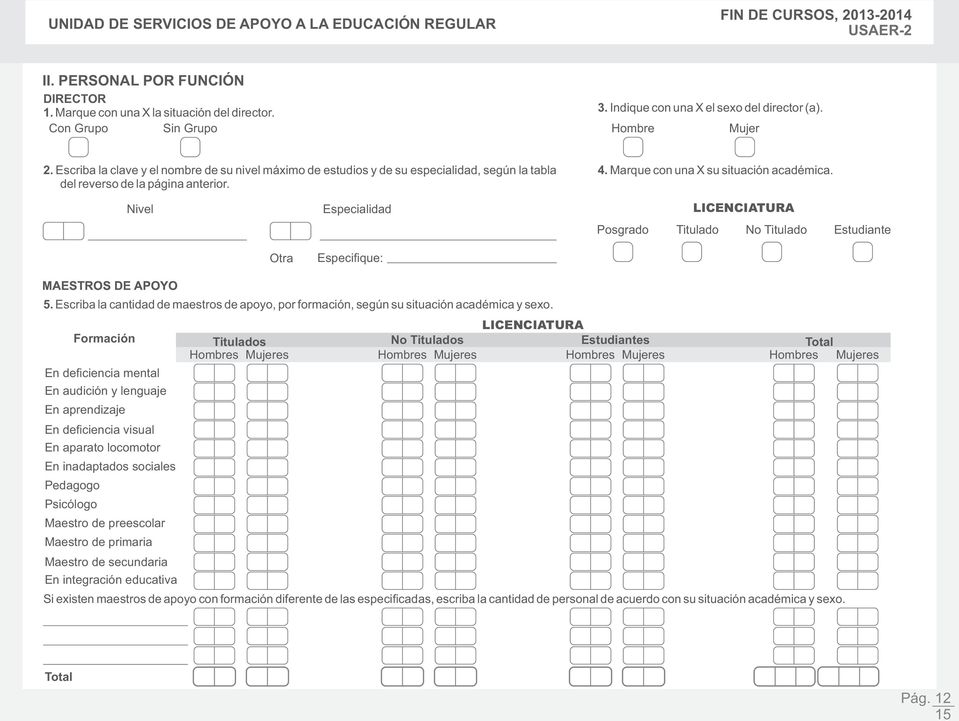Nivel Especialidad LICENCIATURA Posgrado Titulado No Titulado Estudiante Otra Especifique: MAESTROS DE APOYO.