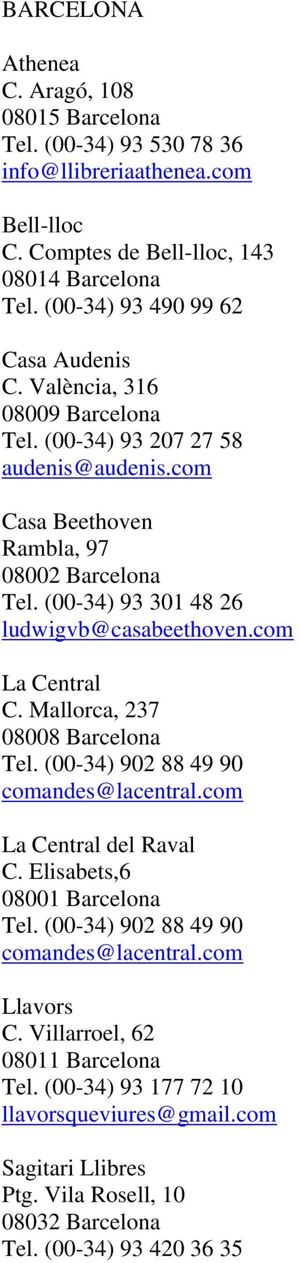 (00-34) 93 301 48 26 ludwigvb@casabeethoven.com La Central C. Mallorca, 237 08008 Barcelona Tel. (00-34) 902 88 49 90 comandes@lacentral.com La Central del Raval C.