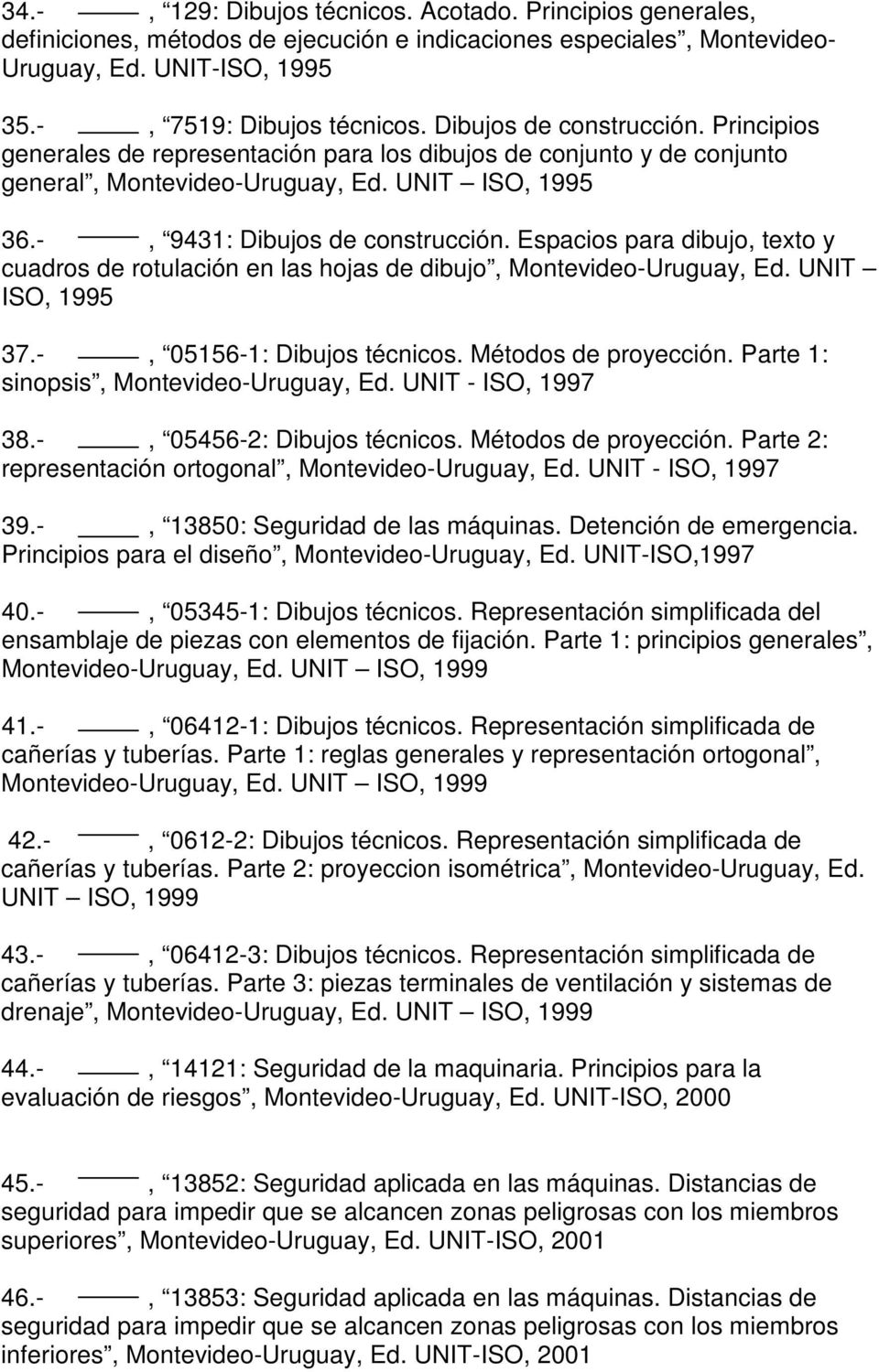 Espacios para dibujo, texto y cuadros de rotulación en las hojas de dibujo, Montevideo-Uruguay, Ed. UNIT ISO, 1995 37.-, 05156-1: Dibujos técnicos. Métodos de proyección.