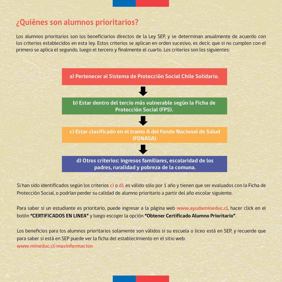 Los criterios son los siguientes: a) Pertenecer al Sistema de Protección Social Chile Solidario. b) Estar dentro del tercio más vulnerable según la Ficha de Protección Social (FPS).