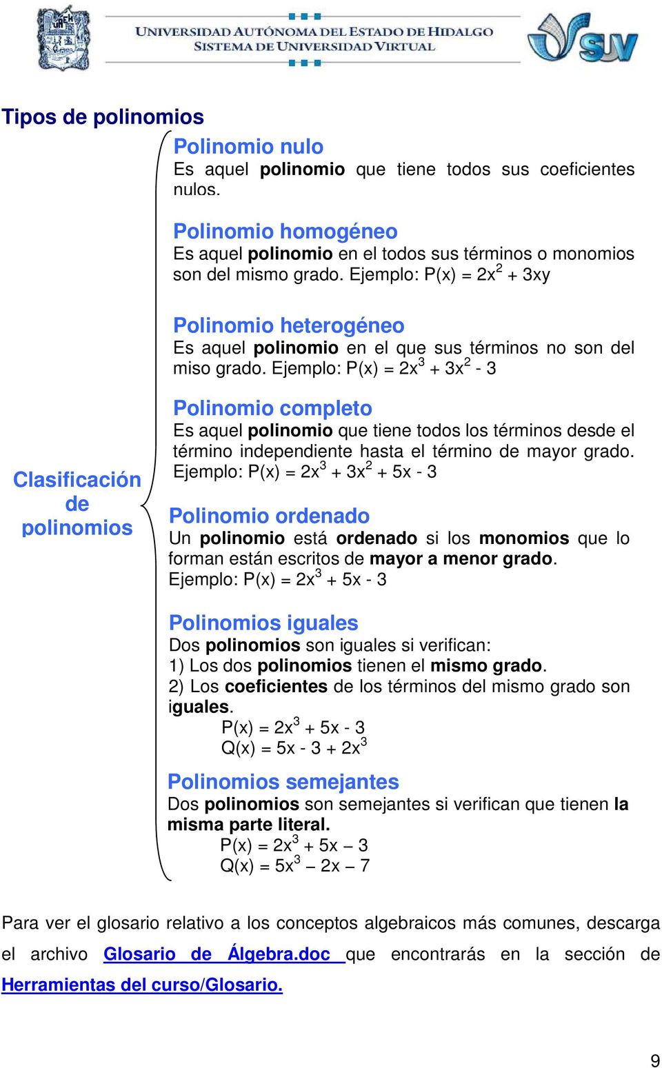 Ejemplo: P(x) = 2x 3 + 3x 2-3 Clasificación de polinomios Polinomio completo Es aquel polinomio que tiene todos los términos desde el término independiente hasta el término de mayor grado.