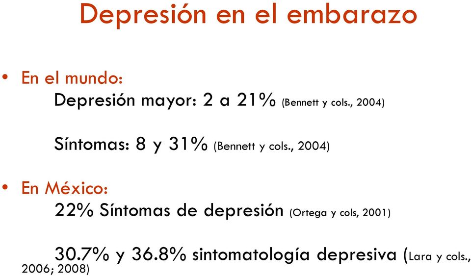 , 2004) En México: 22% Síntomas de depresión (Ortega y cols,