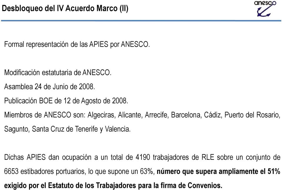 Miembros de ANESCO son: Algeciras, Alicante, Arrecife, Barcelona, Cádiz, Puerto del Rosario, Sagunto, Santa Cruz de Tenerife y Valencia.