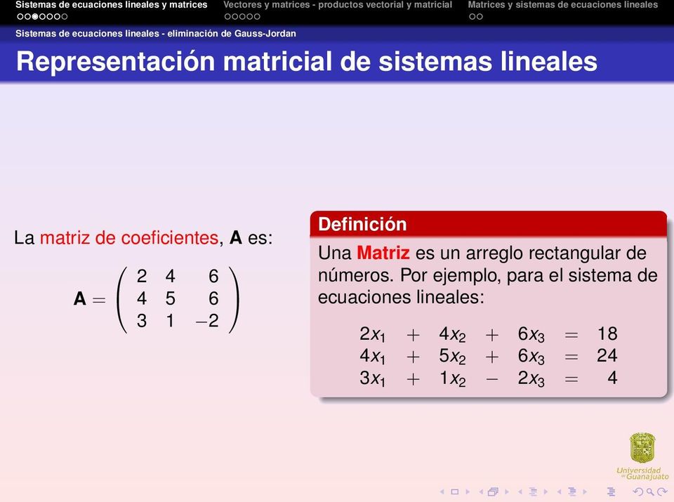 Definición Una Matriz es un arreglo rectangular de números Por ejemplo, para el