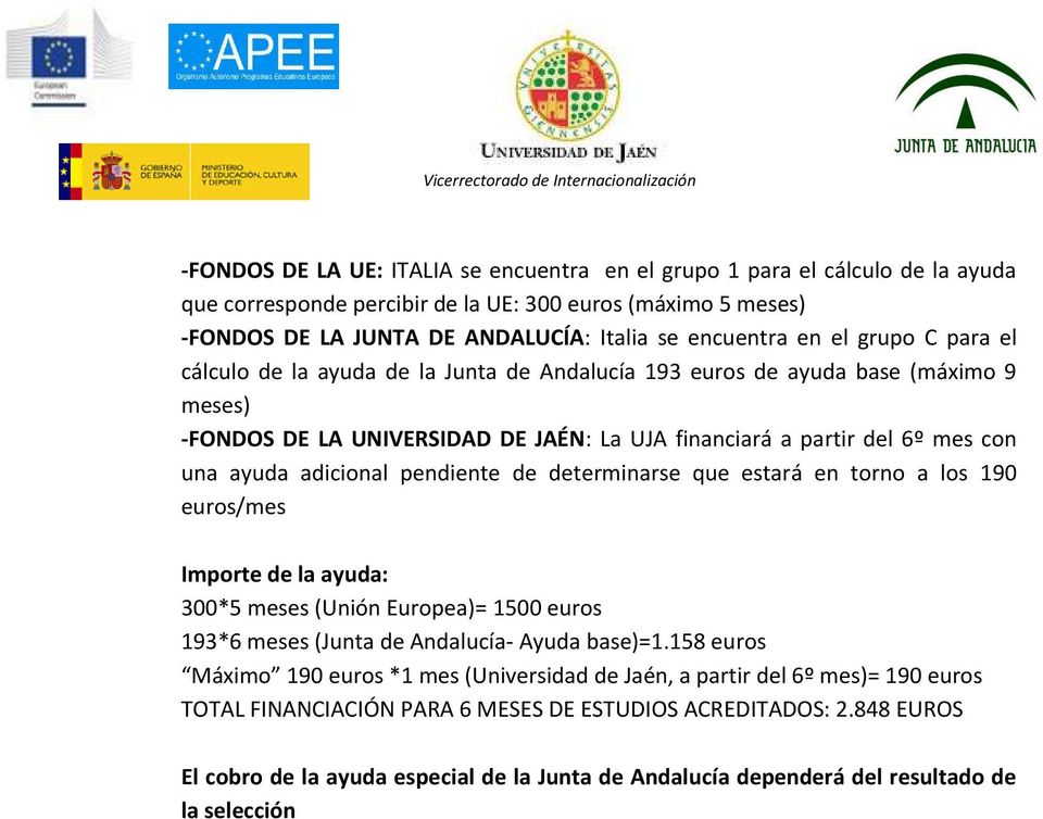 adicional pendiente de determinarse que estará en torno a los 190 euros/mes Importe de la ayuda: 300*5 meses (Unión Europea)= 1500 euros 193*6 meses (Junta de Andalucía- Ayuda base)=1.