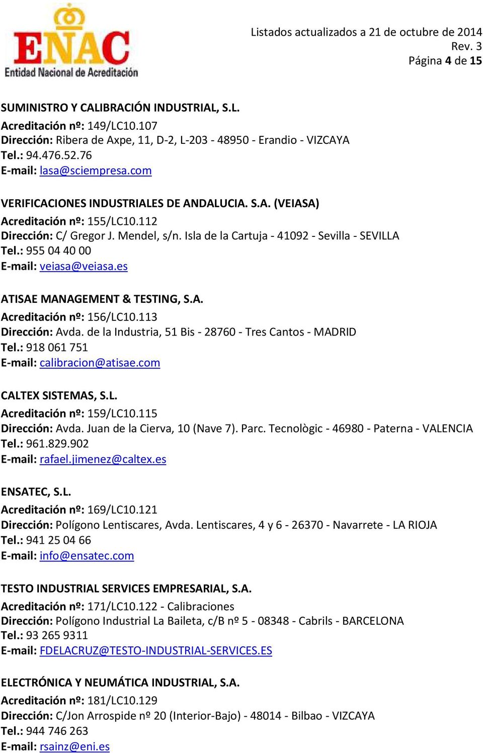 : 955 04 40 00 E-mail: veiasa@veiasa.es ATISAE MANAGEMENT & TESTING, S.A. Acreditación nº: 156/LC10.113 Dirección: Avda. de la Industria, 51 Bis - 28760 - Tres Cantos - MADRID Tel.