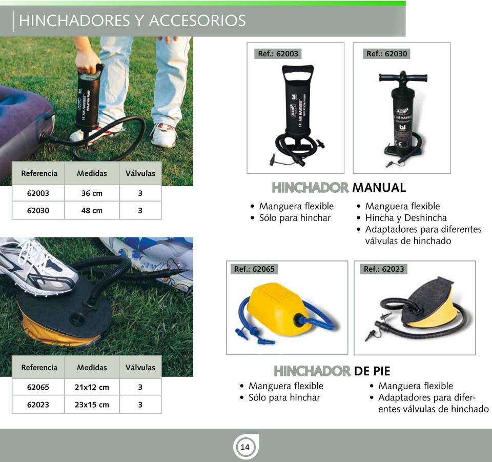 MANUAL Manguera flexible Hincha y Deshincha Adaptadores para diferentes válvulas de hinchado Ref.: 62065 Ref.