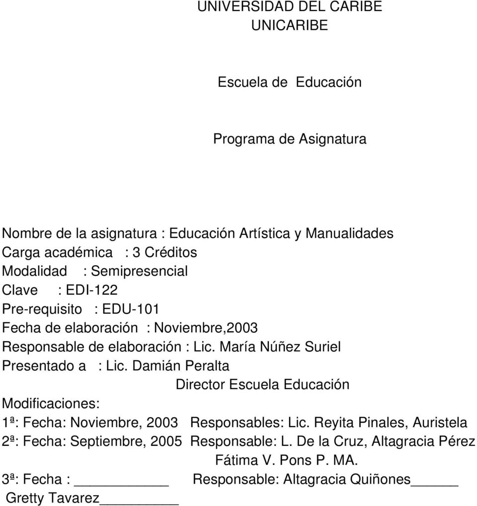 María Núñez Suriel Presentado a : Lic. Damián Peralta Director Escuela Educación Modificaciones: 1ª: Fecha: Noviembre, 2003 Responsables: Lic.