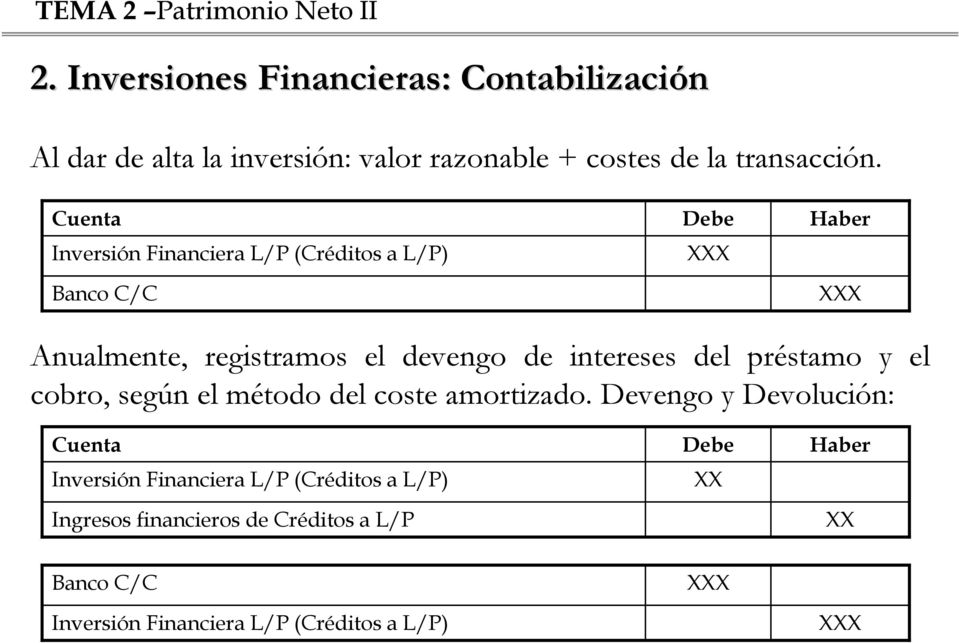 Cuenta Inversión Financiera L/P (Créditos a L/P) Banco C/C X X Anualmente, registramos el devengo de intereses