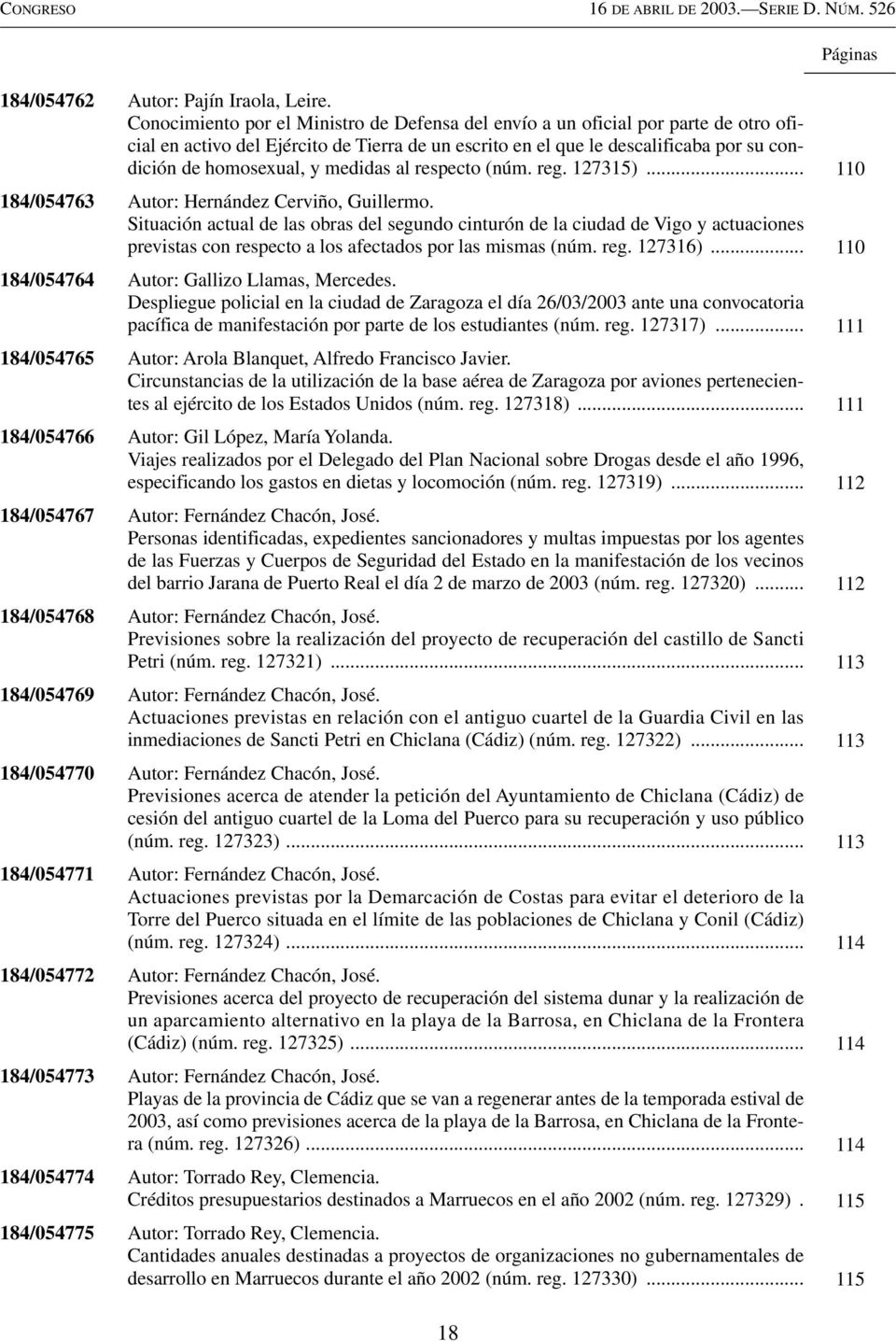 medidas al respecto (núm. reg. 127315)... 110 184/054763 Autor: Hernández Cerviño, Guillermo.