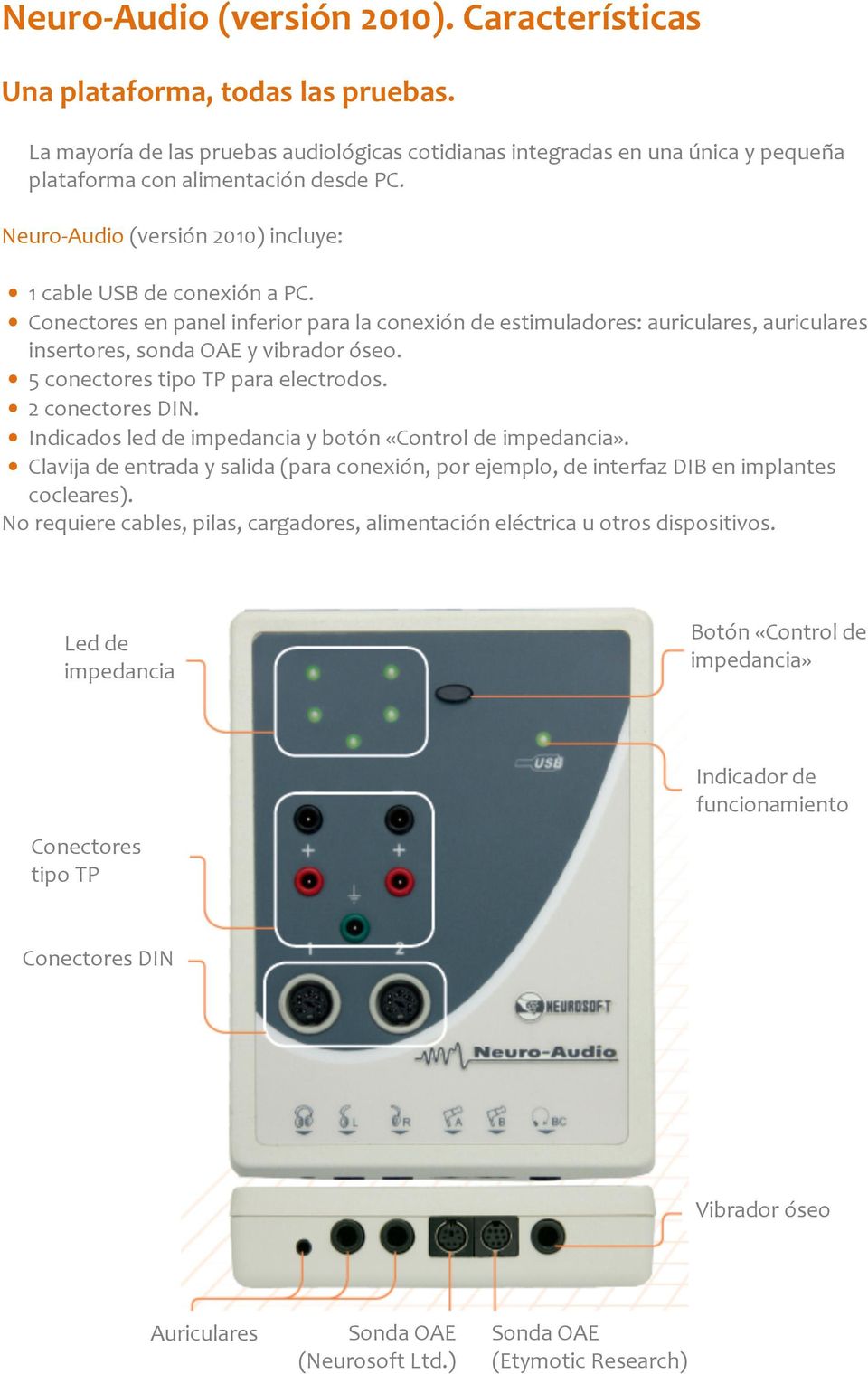 5 conectores tipo TP para electrodos. 2 conectores DIN. Indicados led de impedancia y botón «Control de impedancia».
